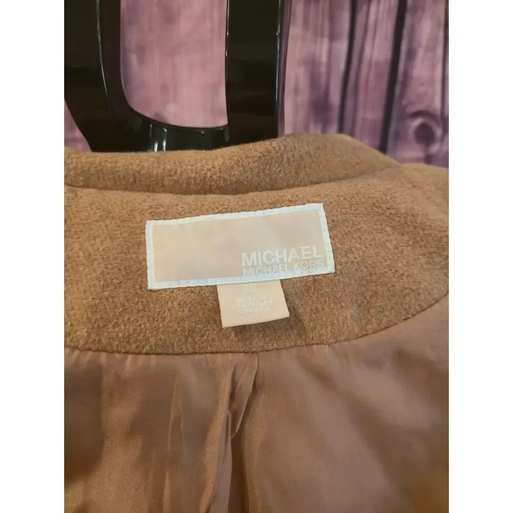 Women's Camel Hooded Wool Blend Walker Coat Michael Kors XS Gold Zip Mid Length